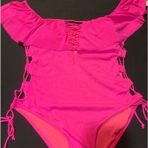 One piece swimsuit hot pink, off the shoulder with side opening